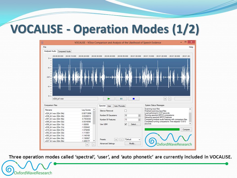 VOCALISE - Operation Modes (1/2) Three operation modes called ‘spectral’, ‘user’, and ‘auto phonetic’ are currently included in VOCALISE.