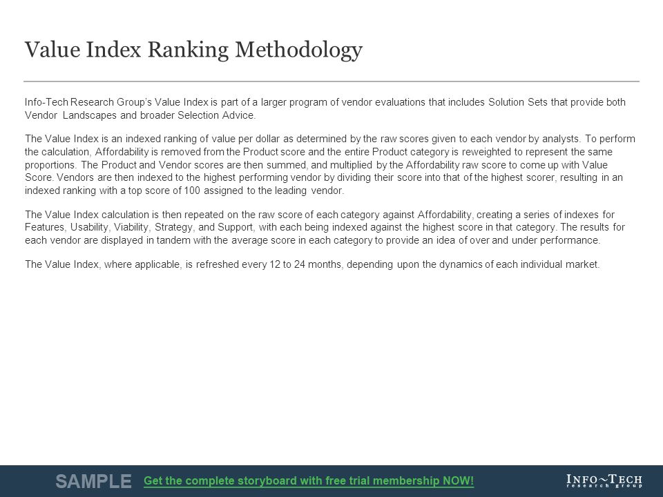 Info-Tech Research Group10 Value Index Ranking Methodology Info-Tech Research Group’s Value Index is part of a larger program of vendor evaluations that includes Solution Sets that provide both Vendor Landscapes and broader Selection Advice.