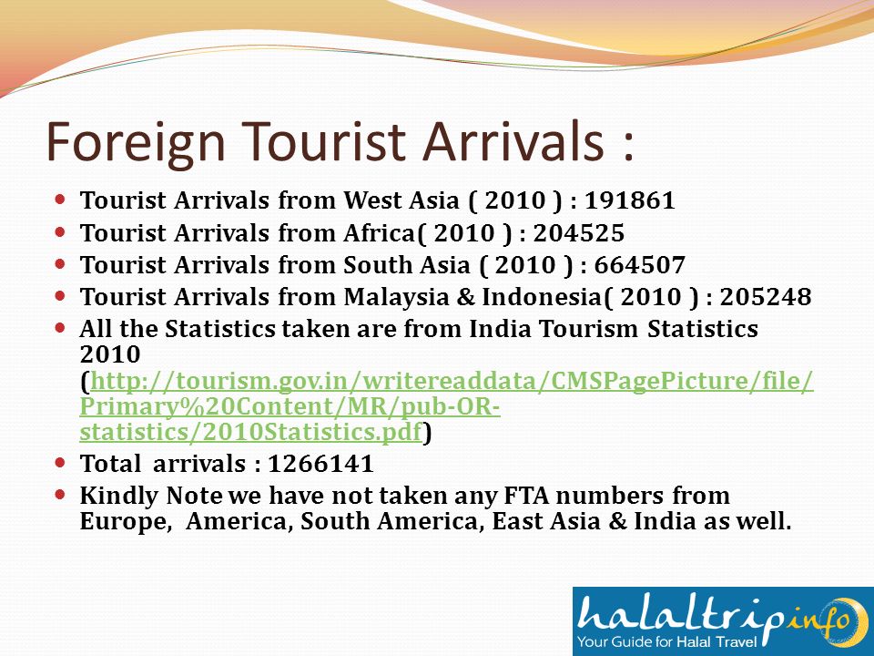 Foreign Tourist Arrivals : Tourist Arrivals from West Asia ( 2010 ) : Tourist Arrivals from Africa( 2010 ) : Tourist Arrivals from South Asia ( 2010 ) : Tourist Arrivals from Malaysia & Indonesia( 2010 ) : All the Statistics taken are from India Tourism Statistics 2010 (  Primary%20Content/MR/pub-OR- statistics/2010Statistics.pdf)  Primary%20Content/MR/pub-OR- statistics/2010Statistics.pdf Total arrivals : Kindly Note we have not taken any FTA numbers from Europe, America, South America, East Asia & India as well.