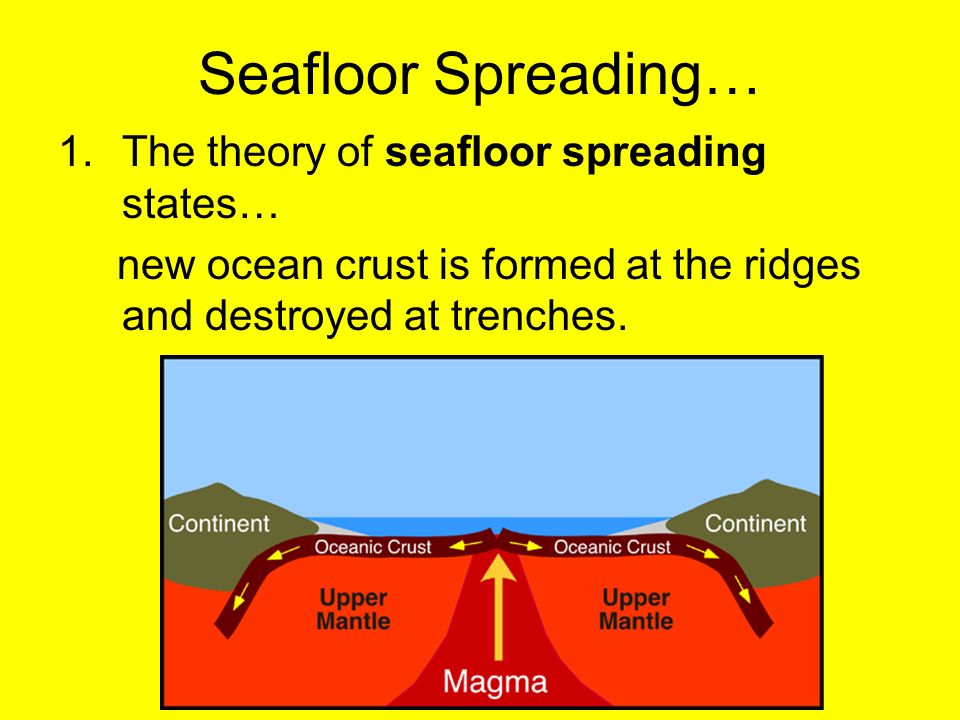 Seafloor Spreading… 1.The theory of seafloor spreading states… new ocean crust is formed at the ridges and destroyed at trenches.