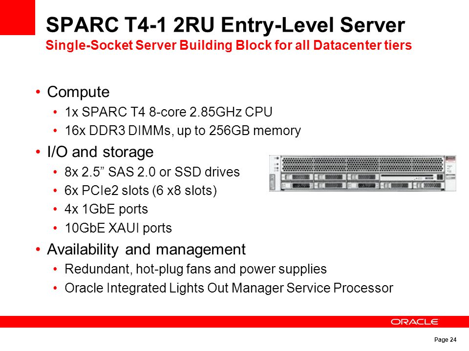 Page 24 SPARC T4-1 2RU Entry-Level Server Single-Socket Server Building Block for all Datacenter tiers Compute 1x SPARC T4 8-core 2.85GHz CPU 16x DDR3 DIMMs, up to 256GB memory I/O and storage 8x 2.5 SAS 2.0 or SSD drives 6x PCIe2 slots (6 x8 slots) 4x 1GbE ports 10GbE XAUI ports Availability and management Redundant, hot-plug fans and power supplies Oracle Integrated Lights Out Manager Service Processor