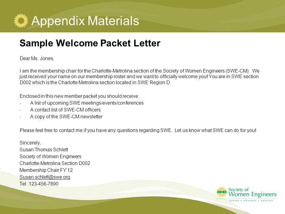 Appendix Materials Sample Welcome Packet Letter Dear Ms.