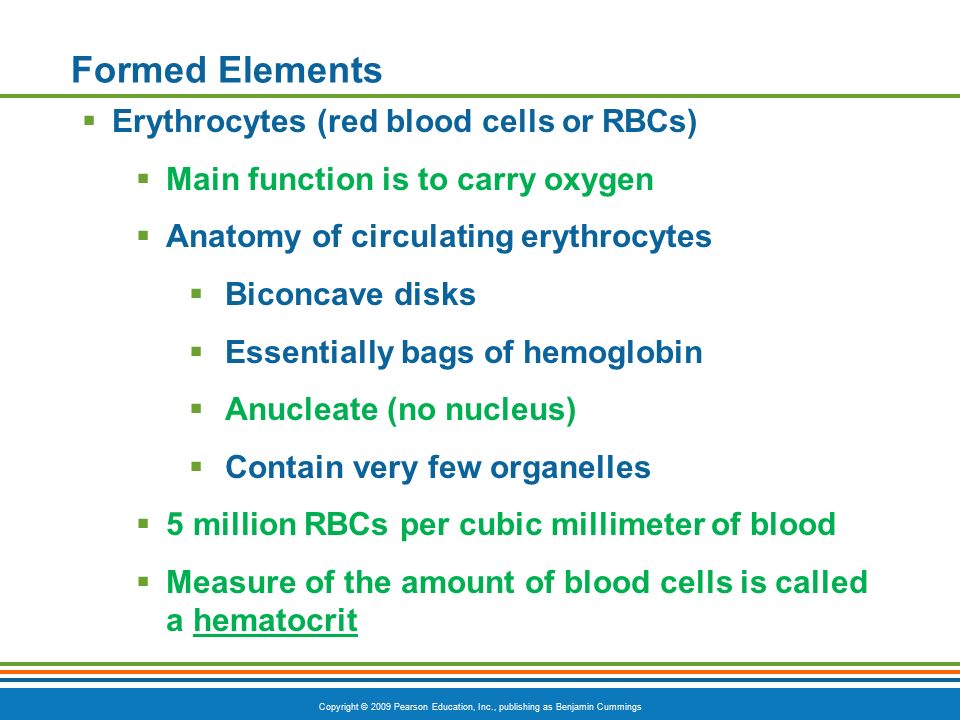 Copyright © 2009 Pearson Education, Inc., publishing as Benjamin Cummings Formed Elements  Erythrocytes (red blood cells or RBCs)  Main function is to carry oxygen  Anatomy of circulating erythrocytes  Biconcave disks  Essentially bags of hemoglobin  Anucleate (no nucleus)  Contain very few organelles  5 million RBCs per cubic millimeter of blood  Measure of the amount of blood cells is called a hematocrit