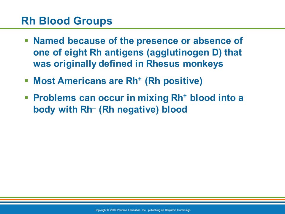 Copyright © 2009 Pearson Education, Inc., publishing as Benjamin Cummings Rh Blood Groups  Named because of the presence or absence of one of eight Rh antigens (agglutinogen D) that was originally defined in Rhesus monkeys  Most Americans are Rh + (Rh positive)  Problems can occur in mixing Rh + blood into a body with Rh – (Rh negative) blood