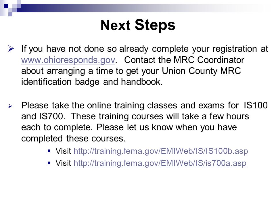 Union County Medical Reserve Corps Orientation Welcome