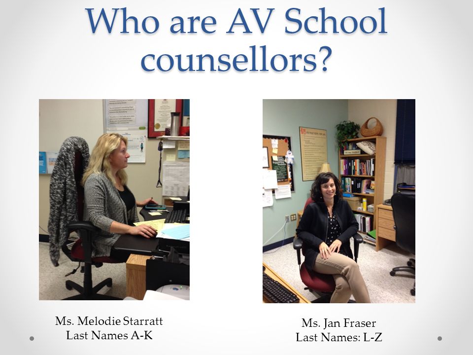 Who are AV School counsellors Ms. Melodie Starratt Last Names A-K Ms. Jan Fraser Last Names: L-Z