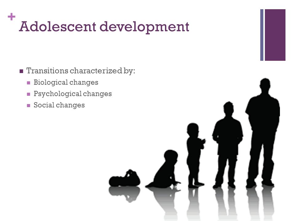 + Adolescent development Transitions characterized by: Biological changes Psychological changes Social changes