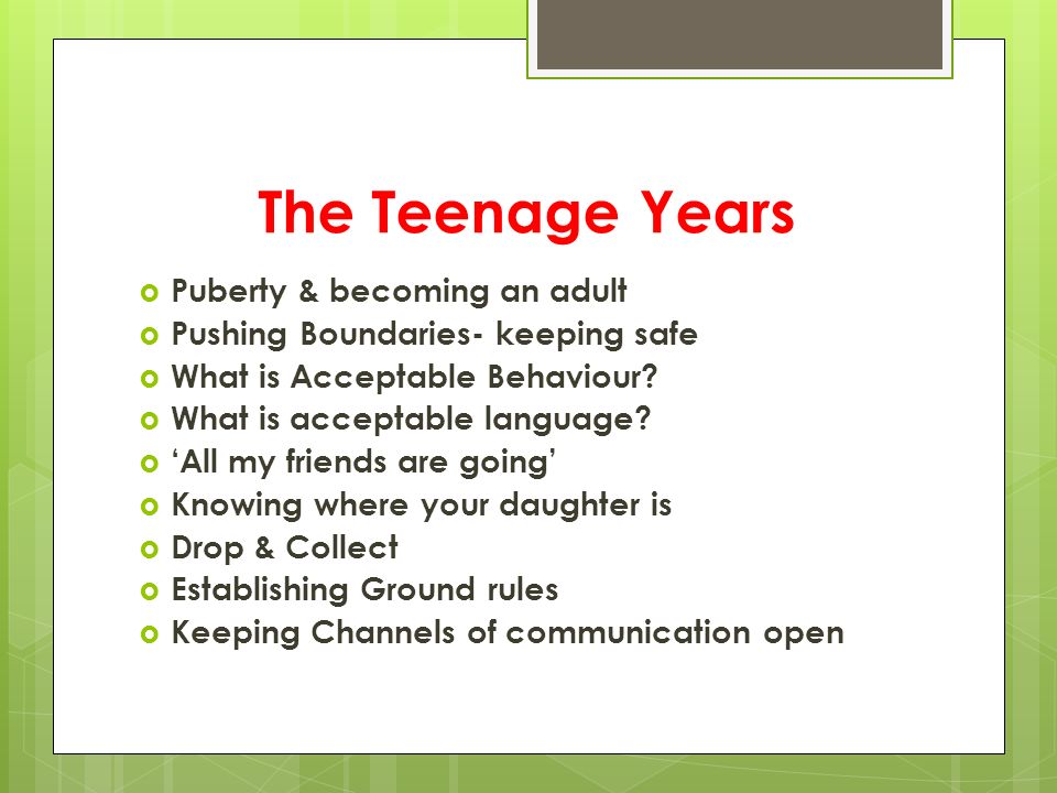 The Teenage Years  Puberty & becoming an adult  Pushing Boundaries- keeping safe  What is Acceptable Behaviour.