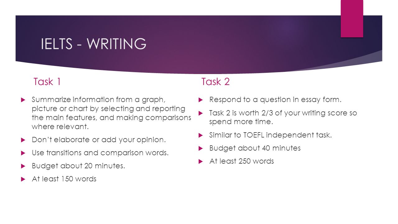 IELTS - WRITING Task 1  Summarize information from a graph, picture or chart by selecting and reporting the main features, and making comparisons where relevant.