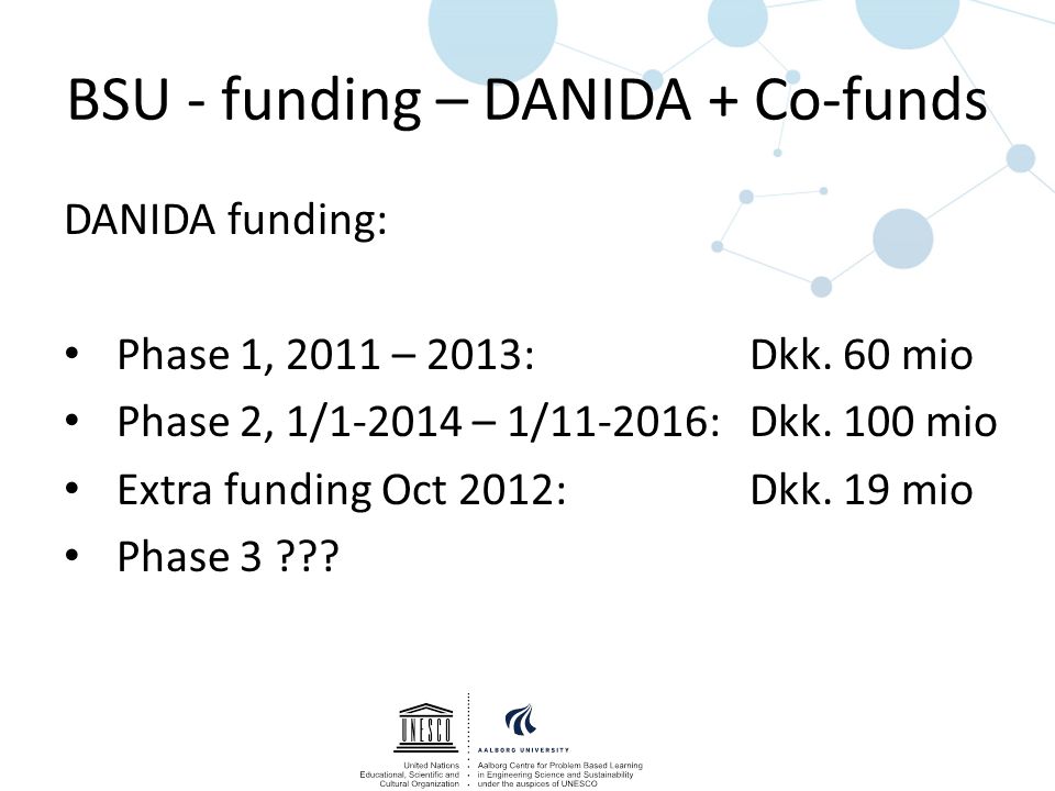 BSU - funding – DANIDA + Co-funds DANIDA funding: Phase 1, 2011 – 2013: Dkk.
