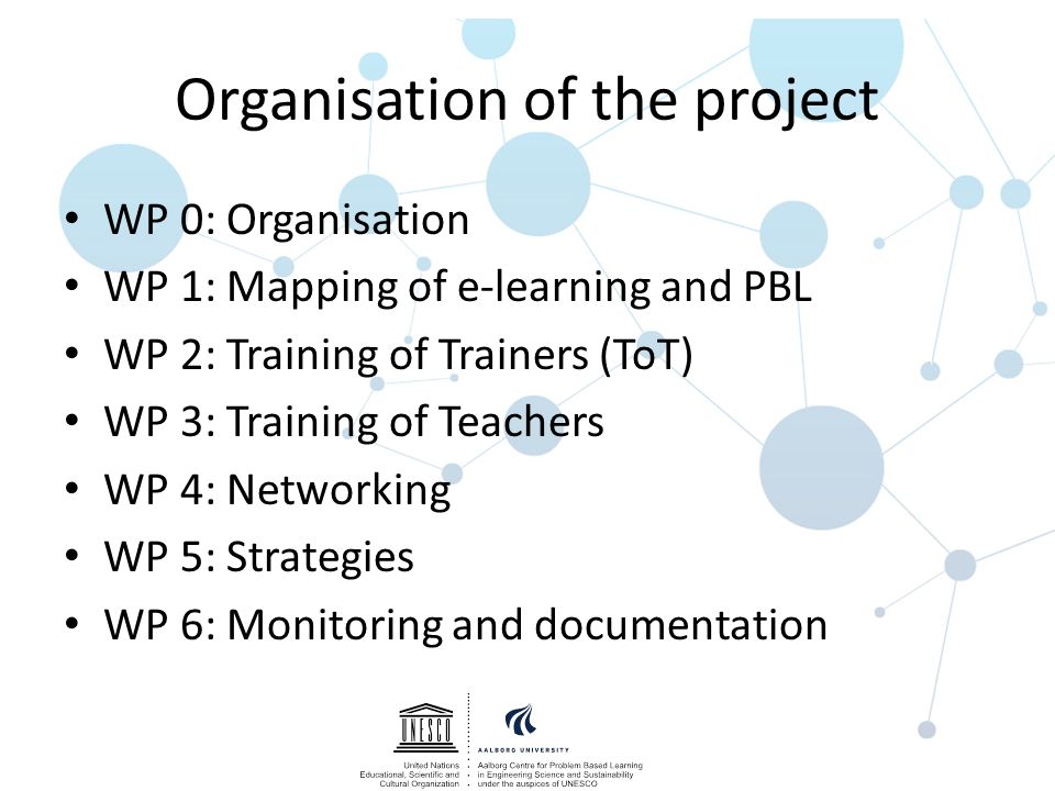 Organisation of the project WP 0: Organisation WP 1: Mapping of e-learning and PBL WP 2: Training of Trainers (ToT) WP 3: Training of Teachers WP 4: Networking WP 5: Strategies WP 6: Monitoring and documentation