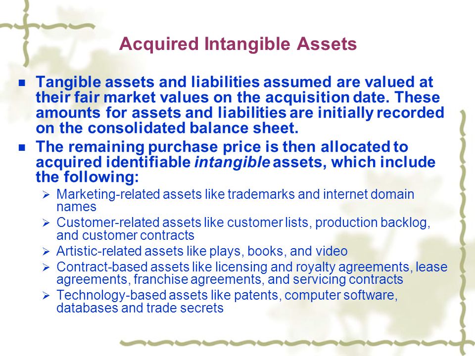 Acquired Intangible Assets Tangible assets and liabilities assumed are valued at their fair market values on the acquisition date.