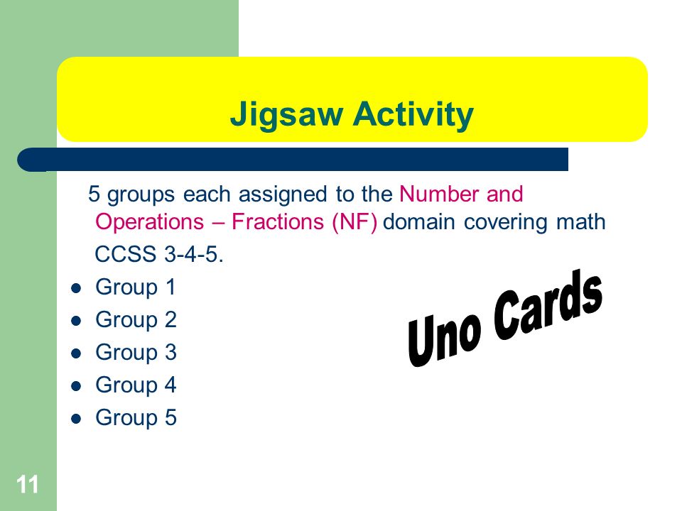 11 Jigsaw Activity 5 groups each assigned to the Number and Operations – Fractions (NF) domain covering math CCSS