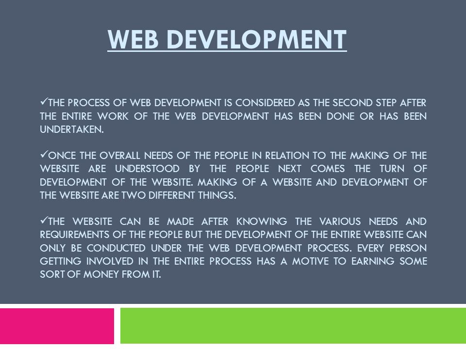 WEB DEVELOPMENT THE PROCESS OF WEB DEVELOPMENT IS CONSIDERED AS THE SECOND STEP AFTER THE ENTIRE WORK OF THE WEB DEVELOPMENT HAS BEEN DONE OR HAS BEEN UNDERTAKEN.