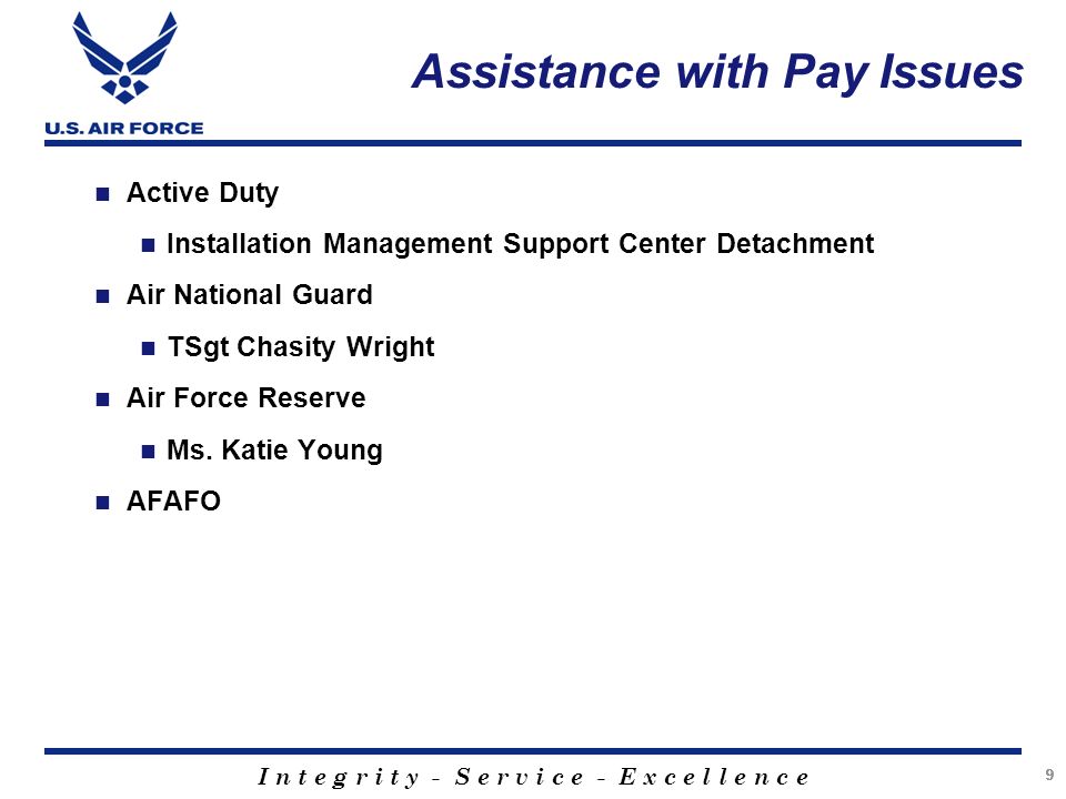 I n t e g r i t y - S e r v i c e - E x c e l l e n c e Assistance with Pay Issues Active Duty Installation Management Support Center Detachment Air National Guard TSgt Chasity Wright Air Force Reserve Ms.