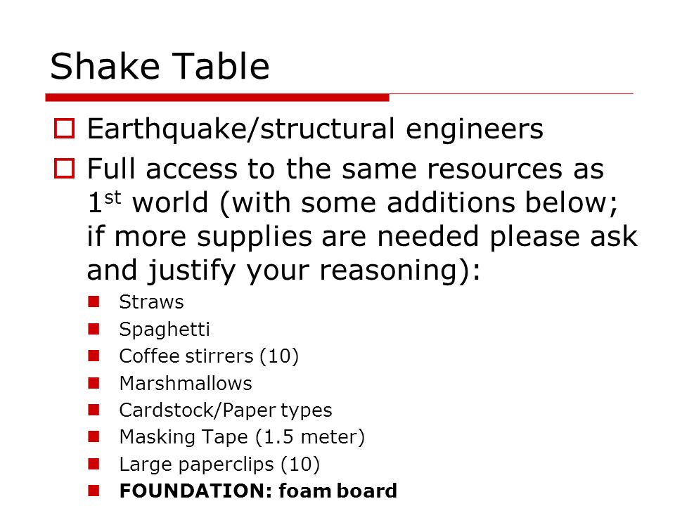 Shake Table  Earthquake/structural engineers  Full access to the same resources as 1 st world (with some additions below; if more supplies are needed please ask and justify your reasoning): Straws Spaghetti Coffee stirrers (10) Marshmallows Cardstock/Paper types Masking Tape (1.5 meter) Large paperclips (10) FOUNDATION: foam board