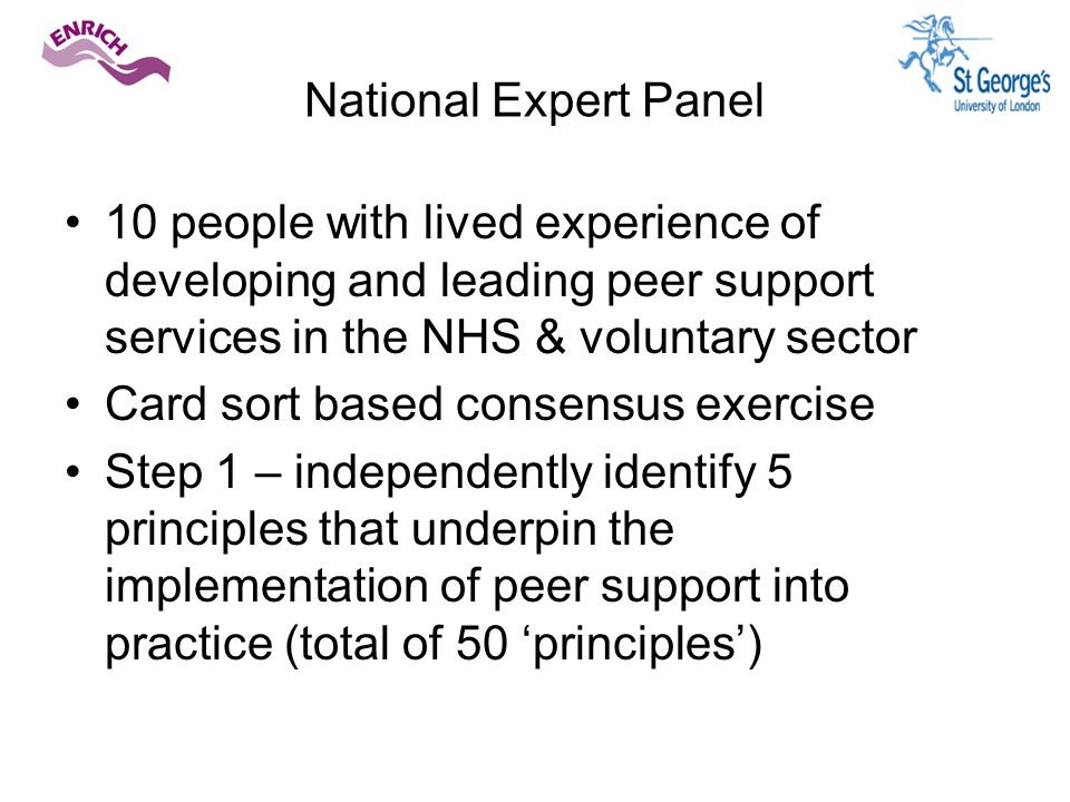 National Expert Panel 10 people with lived experience of developing and leading peer support services in the NHS & voluntary sector Card sort based consensus exercise Step 1 – independently identify 5 principles that underpin the implementation of peer support into practice (total of 50 ‘principles’)