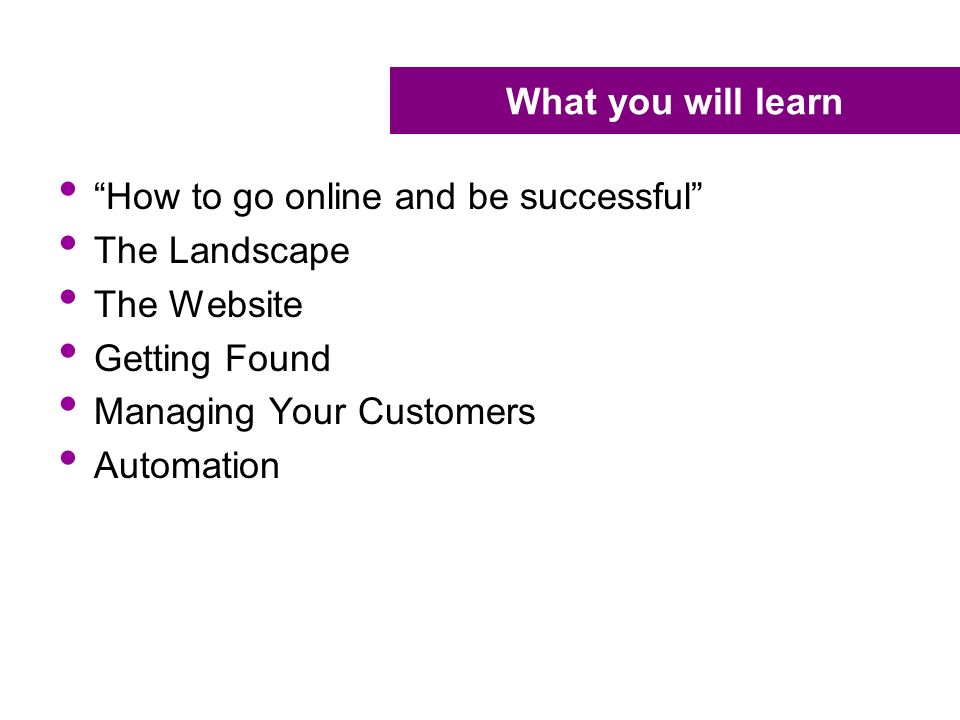 What you will learn How to go online and be successful The Landscape The Website Getting Found Managing Your Customers Automation