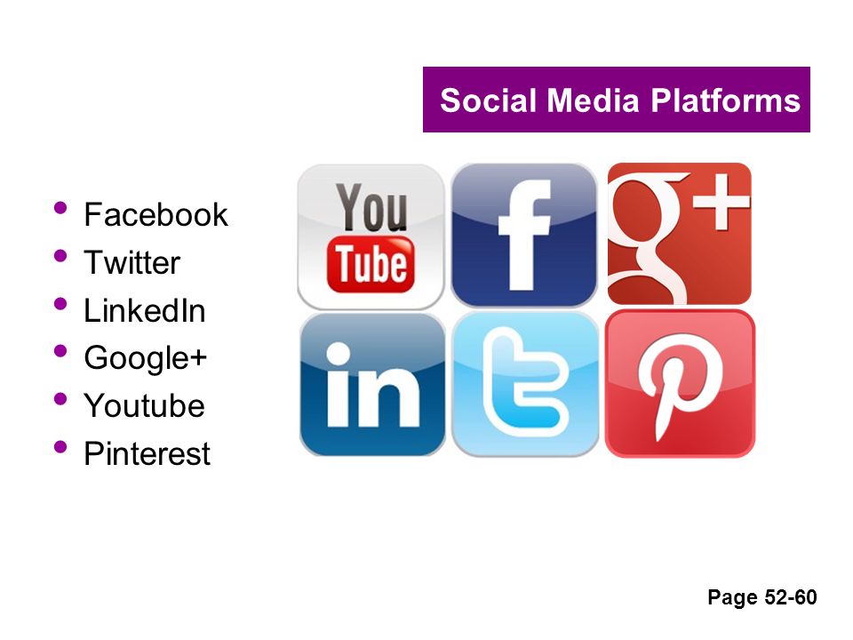 Social Media Platforms Facebook Twitter LinkedIn Google+ Youtube Pinterest Page 52-60