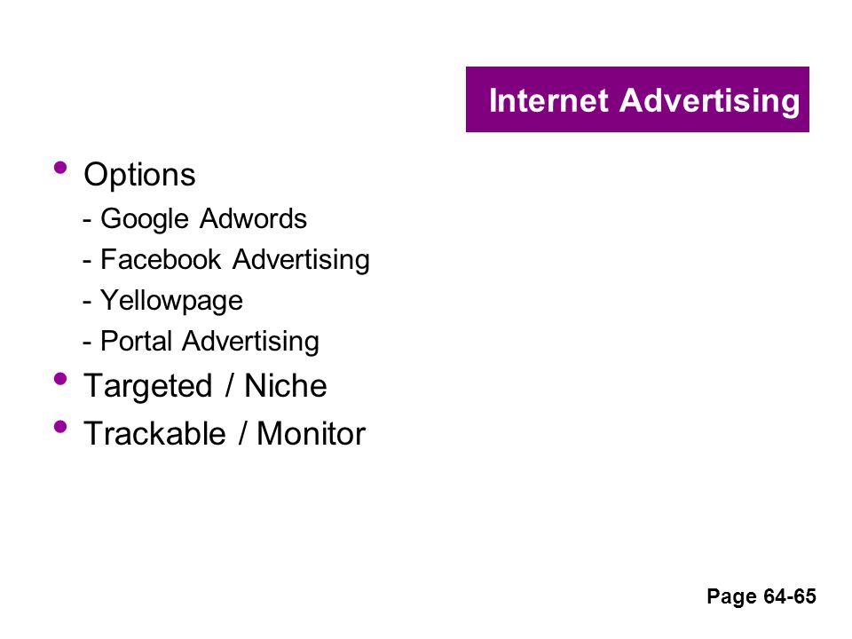 Internet Advertising Options - Google Adwords - Facebook Advertising - Yellowpage - Portal Advertising Targeted / Niche Trackable / Monitor Page 64-65