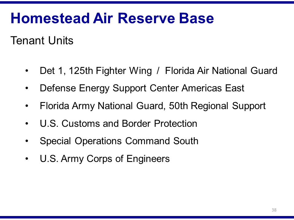 Homestead Air Reserve Base Tenant Units Det 1, 125th Fighter Wing / Florida Air National Guard Defense Energy Support Center Americas East Florida Army National Guard, 50th Regional Support U.S.