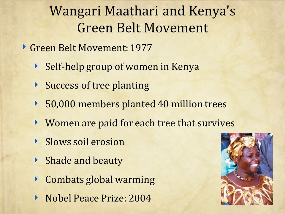 Wangari Maathari and Kenya’s Green Belt Movement ‣ Green Belt Movement: 1977 ‣ Self-help group of women in Kenya ‣ Success of tree planting ‣ 50,000 members planted 40 million trees ‣ Women are paid for each tree that survives ‣ Slows soil erosion ‣ Shade and beauty ‣ Combats global warming ‣ Nobel Peace Prize: 2004