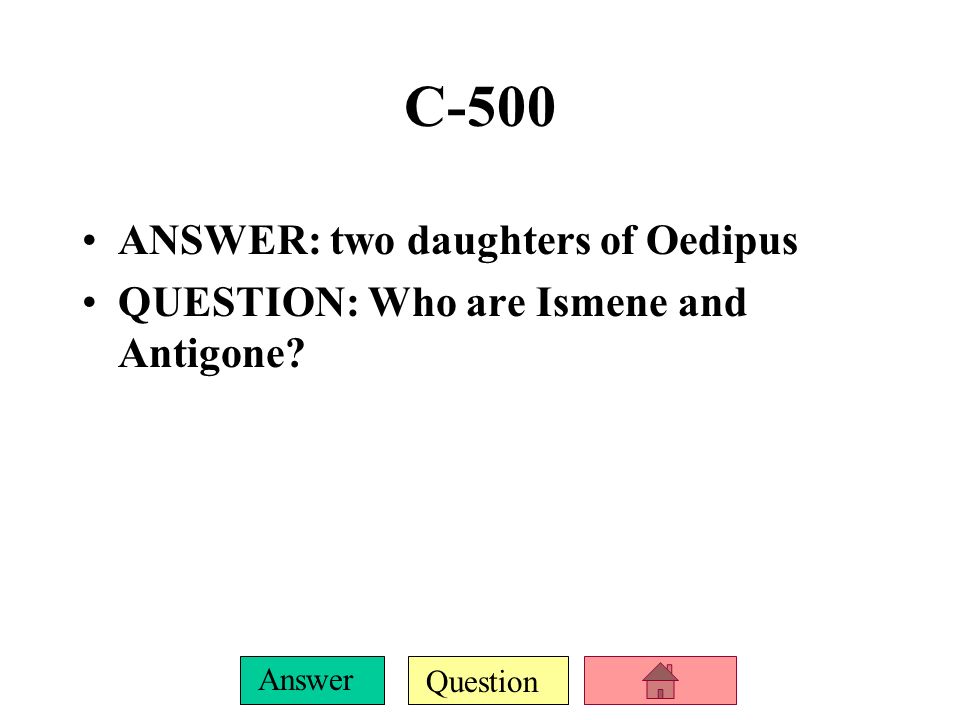 Question Answer C-400 ANSWER: the God that Creon wanted to consult in Delphi, Iocaste makes offering to him later as well QUESTION: Who is Apollo