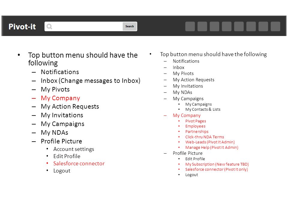 Top button menu should have the following – Notifications – Inbox (Change messages to Inbox) – My Pivots – My Company – My Action Requests – My Invitations – My Campaigns – My NDAs – Profile Picture Account settings Edit Profile Salesforce connector Logout Top button menu should have the following – Notifications – Inbox – My Pivots – My Action Requests – My Invitations – My NDAs – My Campaigns My Campaigns My Contacts & Lists – My Company Pivot Pages Employees Partnerships Click-thru NDA Terms Web-Leads (Pivot It Admin) Manage Help (Pivot It Admin) – Profile Picture Edit Profile My Subscription (New feature TBD) Salesforce connector (Pivot It only) Logout