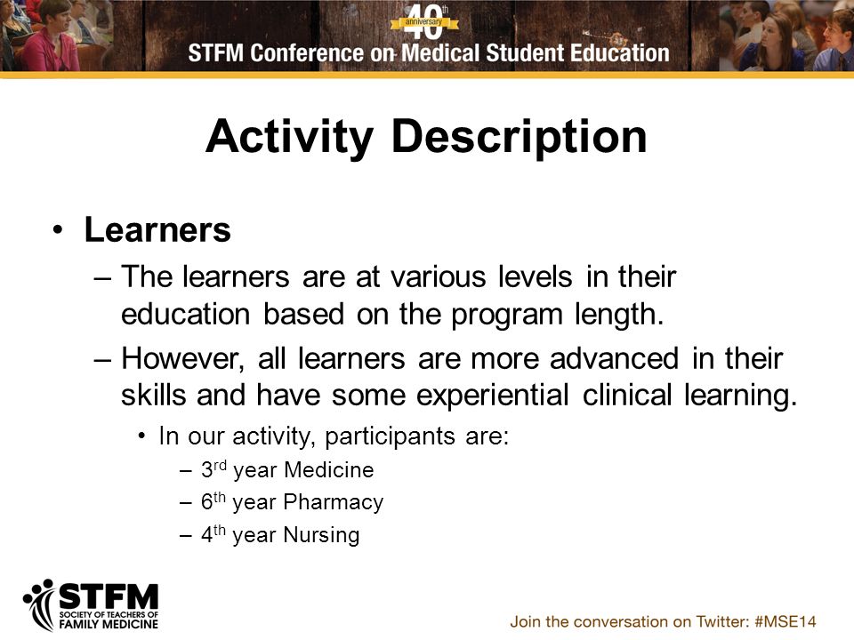 Activity Description Learners –The learners are at various levels in their education based on the program length.