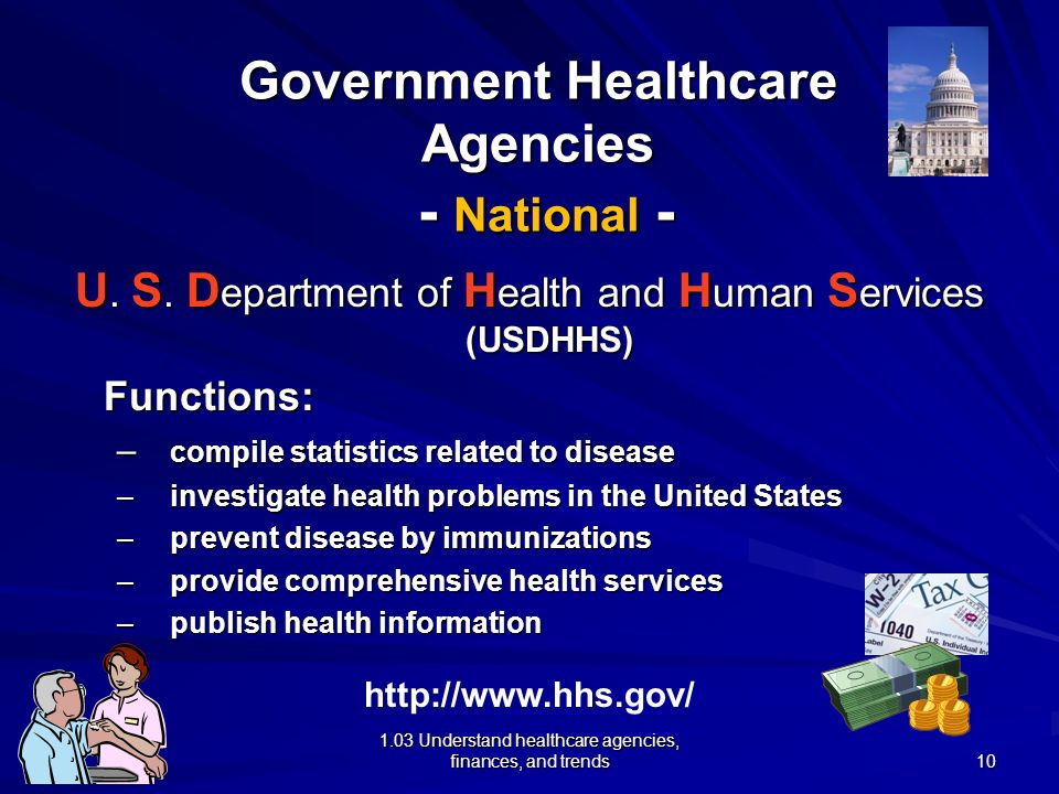 Government Healthcare Agencies - International - W orld H ealth O rganization (WHO) Functions: –assess health trends –compile statistics related to disease –investigate health problems worldwide –publish health information   9
