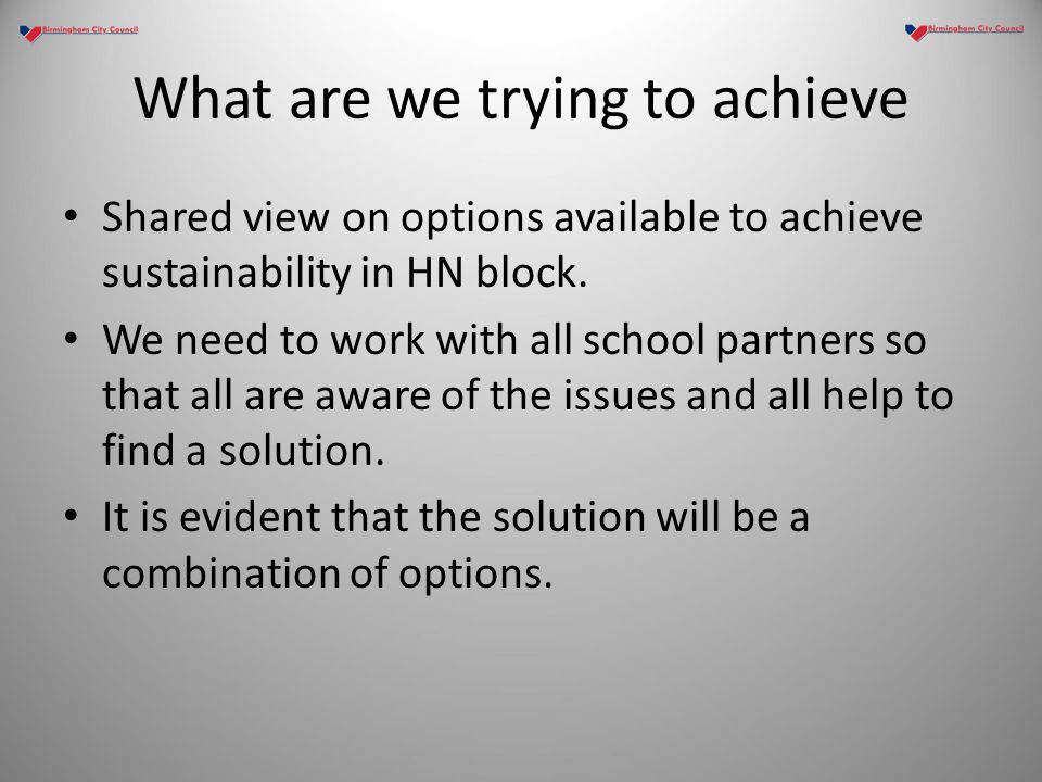 What are we trying to achieve Shared view on options available to achieve sustainability in HN block.