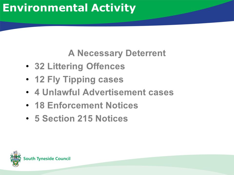 Environmental Activity A Necessary Deterrent 32 Littering Offences 12 Fly Tipping cases 4 Unlawful Advertisement cases 18 Enforcement Notices 5 Section 215 Notices