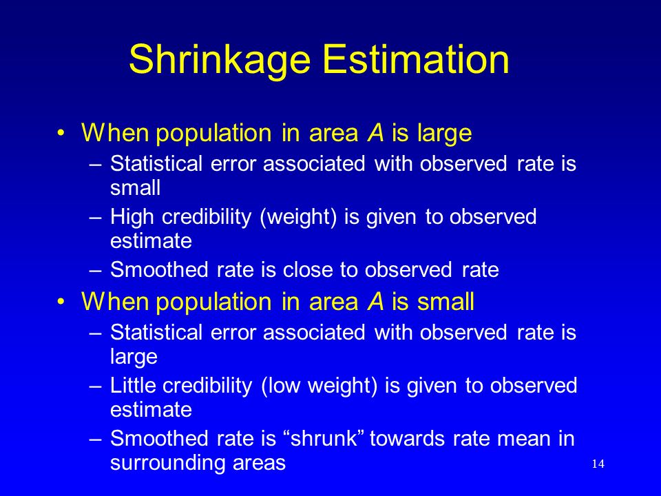 14 Shrinkage Estimation When population in area A is large –Statistical error associated with observed rate is small –High credibility (weight) is given to observed estimate –Smoothed rate is close to observed rate When population in area A is small –Statistical error associated with observed rate is large –Little credibility (low weight) is given to observed estimate –Smoothed rate is shrunk towards rate mean in surrounding areas