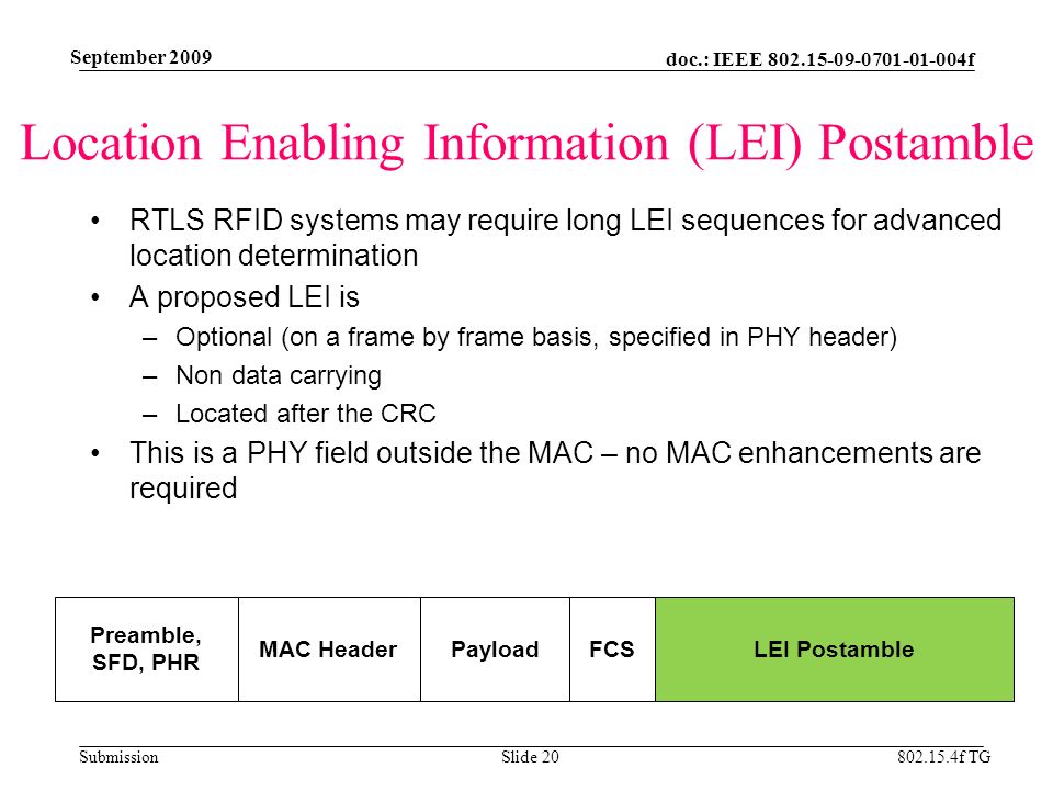 doc.: IEEE f Submission f TG September 2009 Location Enabling Information (LEI) Postamble RTLS RFID systems may require long LEI sequences for advanced location determination A proposed LEI is –Optional (on a frame by frame basis, specified in PHY header) –Non data carrying –Located after the CRC This is a PHY field outside the MAC – no MAC enhancements are required Slide 20 Preamble, SFD, PHR MAC HeaderFCSLEI PostamblePayload