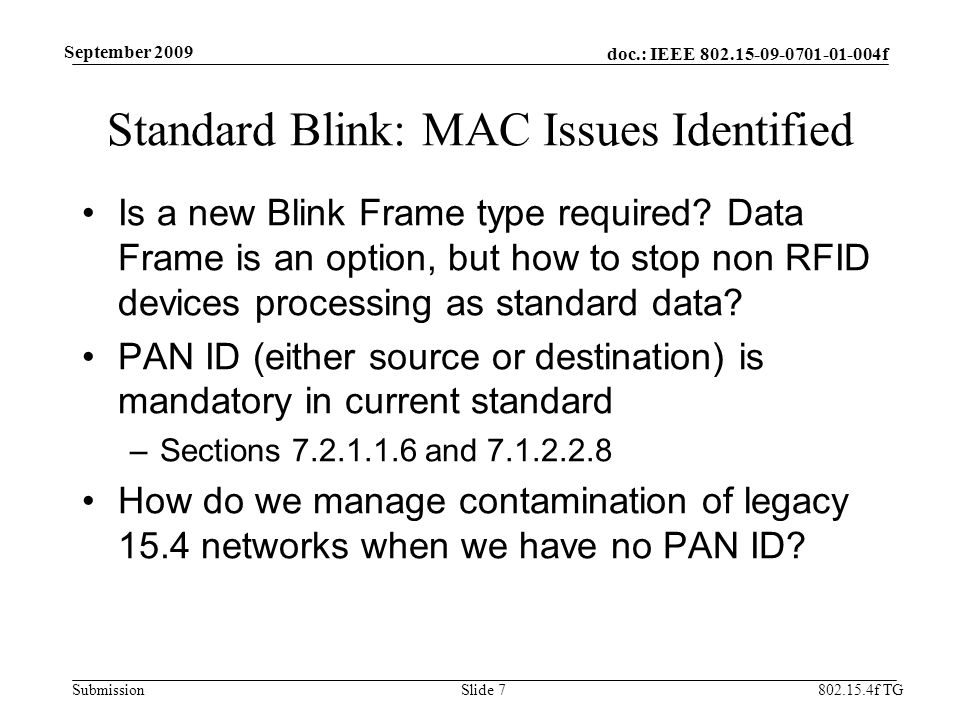 doc.: IEEE f Submission f TG September 2009 Standard Blink: MAC Issues Identified Is a new Blink Frame type required.