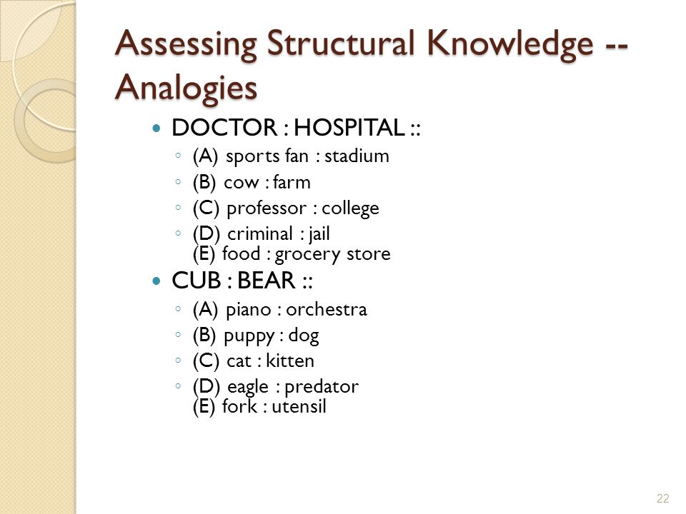 Assessing Structural Knowledge -- Analogies DOCTOR : HOSPITAL :: ◦ (A) sports fan : stadium ◦ (B) cow : farm ◦ (C) professor : college ◦ (D) criminal : jail (E) food : grocery store CUB : BEAR :: ◦ (A) piano : orchestra ◦ (B) puppy : dog ◦ (C) cat : kitten ◦ (D) eagle : predator (E) fork : utensil 22