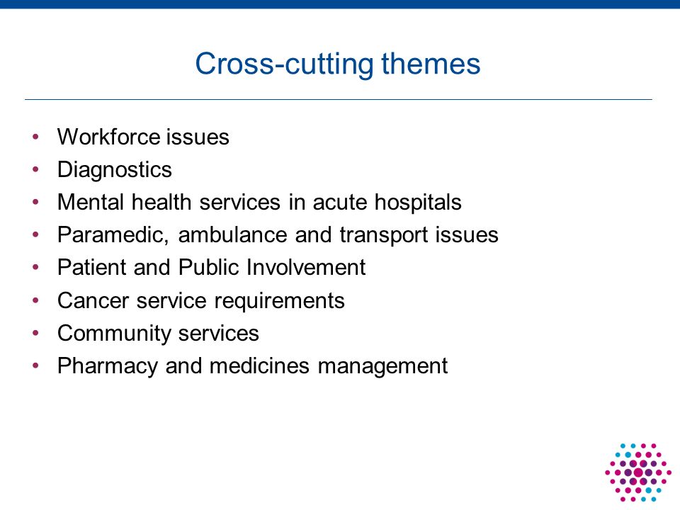 Workforce issues Diagnostics Mental health services in acute hospitals Paramedic, ambulance and transport issues Patient and Public Involvement Cancer service requirements Community services Pharmacy and medicines management Cross-cutting themes