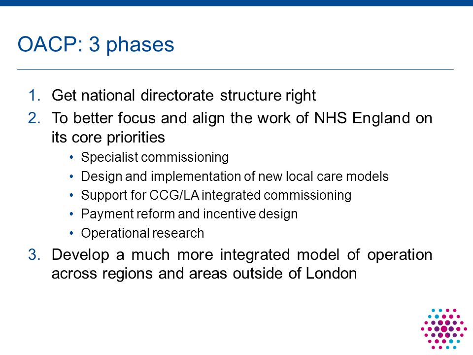 1.Get national directorate structure right 2.To better focus and align the work of NHS England on its core priorities Specialist commissioning Design and implementation of new local care models Support for CCG/LA integrated commissioning Payment reform and incentive design Operational research 3.Develop a much more integrated model of operation across regions and areas outside of London OACP: 3 phases