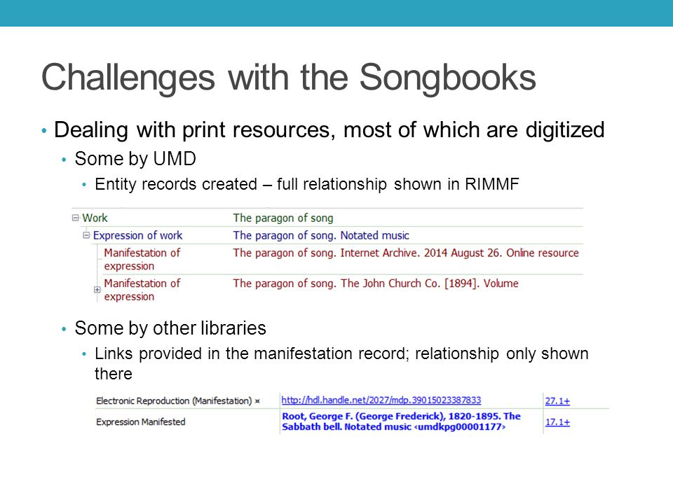 Challenges with the Songbooks Dealing with print resources, most of which are digitized Some by UMD Entity records created – full relationship shown in RIMMF Some by other libraries Links provided in the manifestation record; relationship only shown there