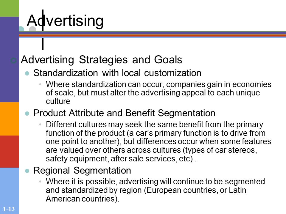 1-13 Advertising Advertising Strategies and Goals Standardization with local customization Where standardization can occur, companies gain in economies of scale, but must alter the advertising appeal to each unique culture Product Attribute and Benefit Segmentation Different cultures may seek the same benefit from the primary function of the product (a car’s primary function is to drive from one point to another); but differences occur when some features are valued over others across cultures (types of car stereos, safety equipment, after sale services, etc).