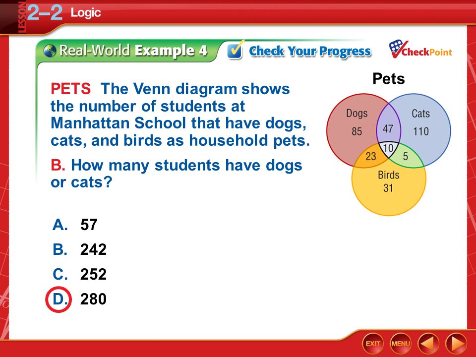 Example 4 PETS The Venn diagram shows the number of students at Manhattan School that have dogs, cats, and birds as household pets.