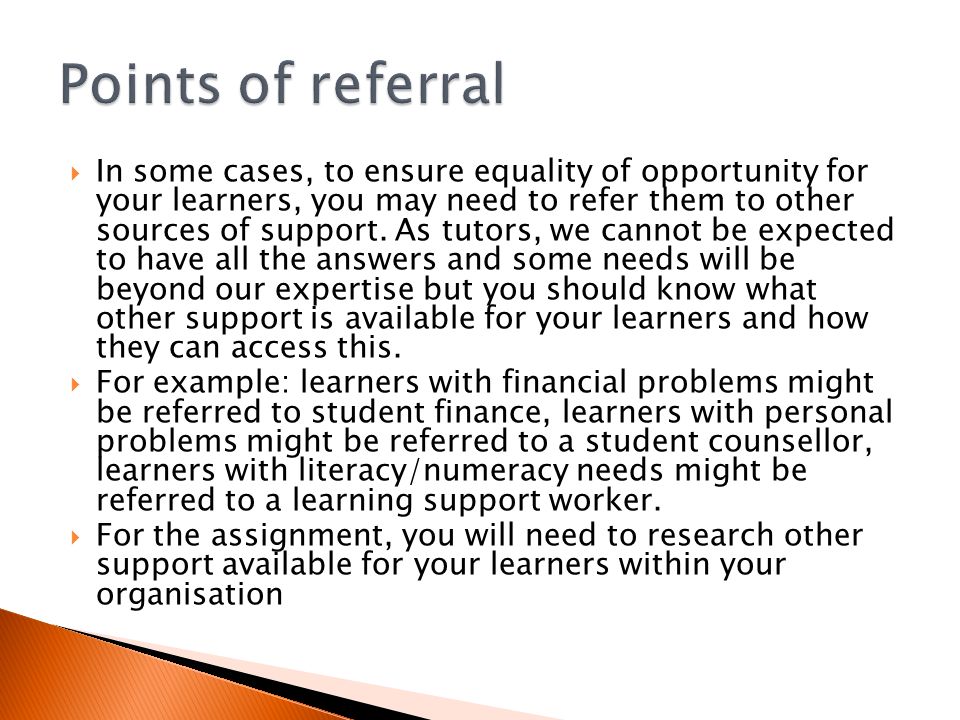 points of referral to meet the needs of learners examples