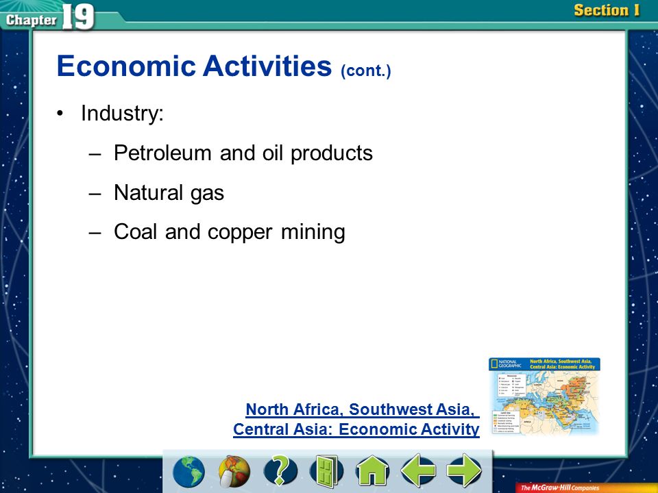 Section 1 Industry: –Petroleum and oil products –Natural gas –Coal and copper mining Economic Activities (cont.) North Africa, Southwest Asia, Central Asia: Economic Activity