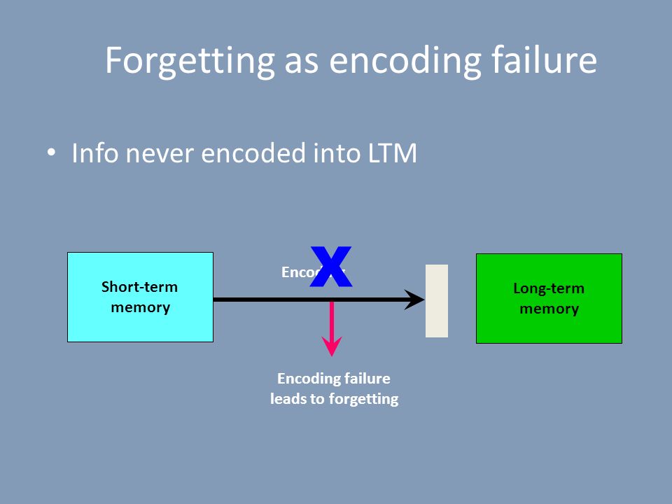 Forgetting as encoding failure Info never encoded into LTM Encoding X Long-term memory Encoding failure leads to forgetting Short-term memory