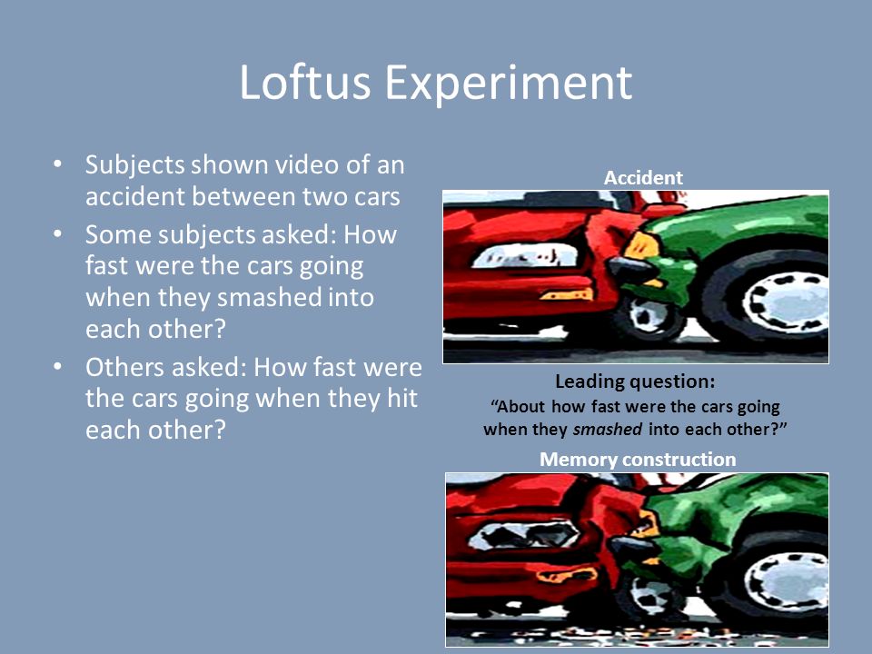 Loftus Experiment Subjects shown video of an accident between two cars Some subjects asked: How fast were the cars going when they smashed into each other.