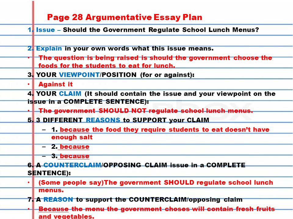 Homework Copy In Agenda Finish Counterclaim Research If Page Argumentative Essay Plan Issue Should The Government Regulate School Lunch Menus