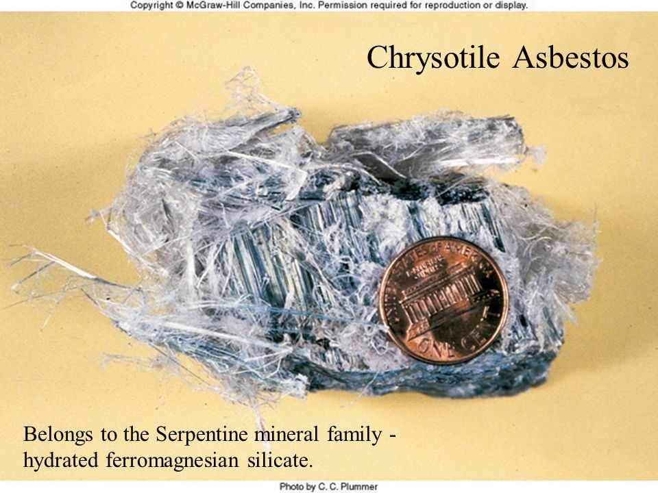 Chrysotile Asbestos Belongs to the Serpentine mineral family - hydrated ferromagnesian silicate.