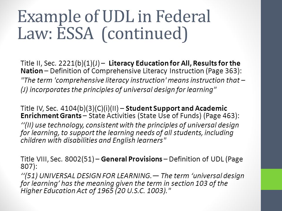Example of UDL in Federal Law: ESSA (continued) Title II, Sec.