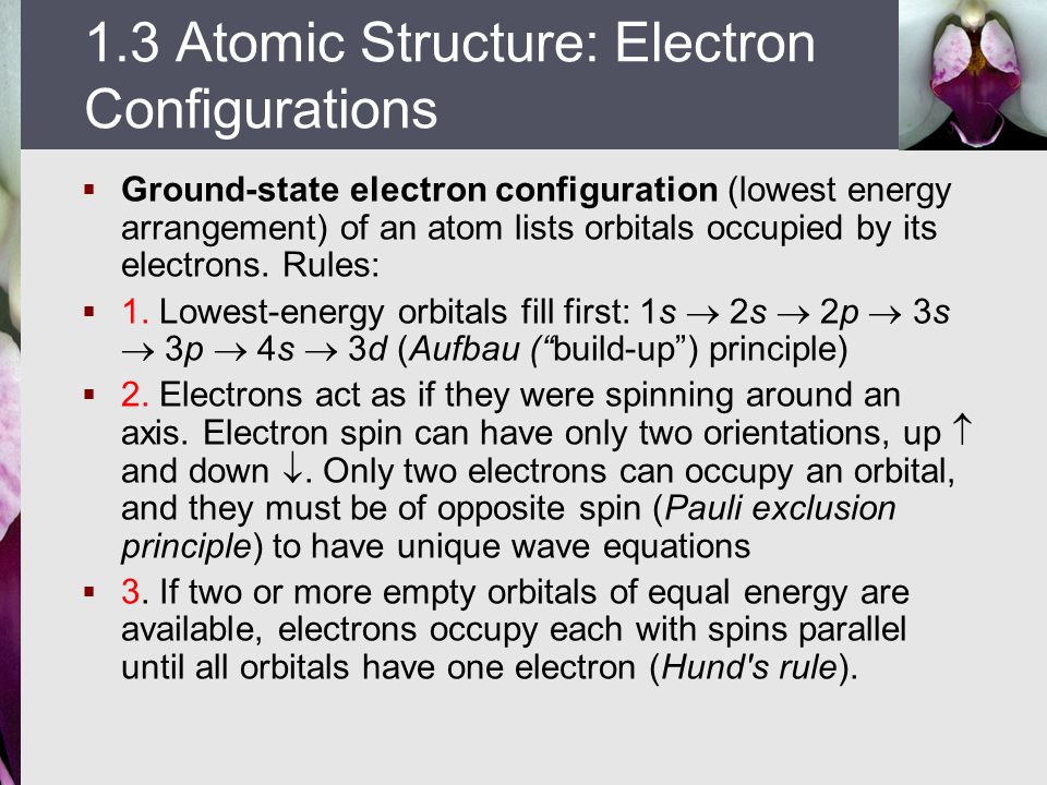  Ground-state electron configuration (lowest energy arrangement) of an atom lists orbitals occupied by its electrons.