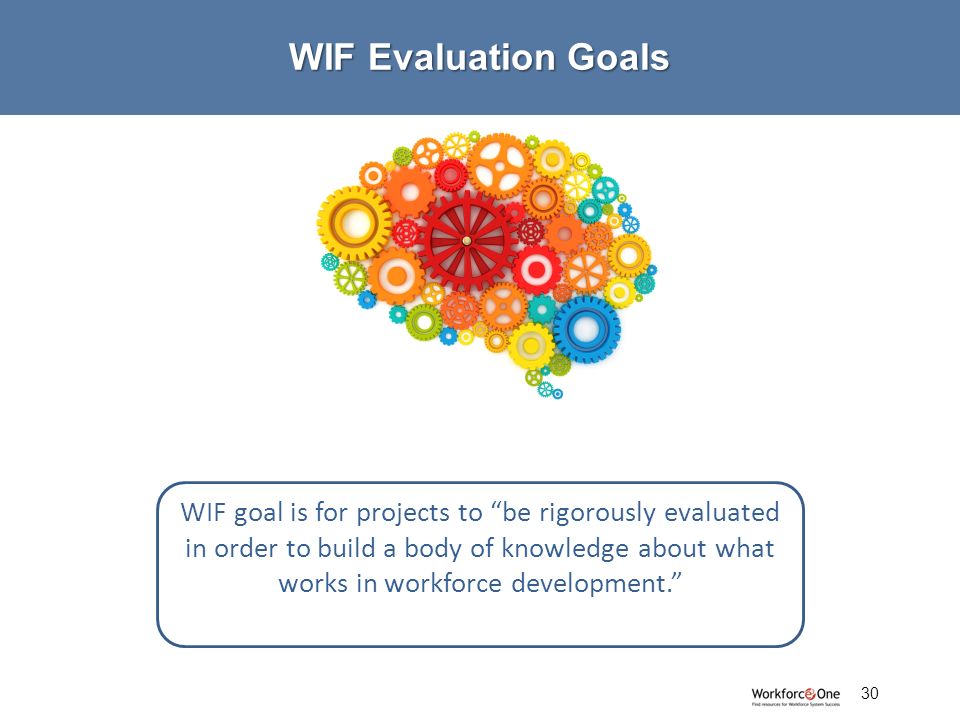 30 WIF goal is for projects to be rigorously evaluated in order to build a body of knowledge about what works in workforce development.